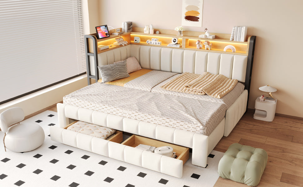 Upholstered Sofa Bed with Storage & LED Lighting, Beige Velvet