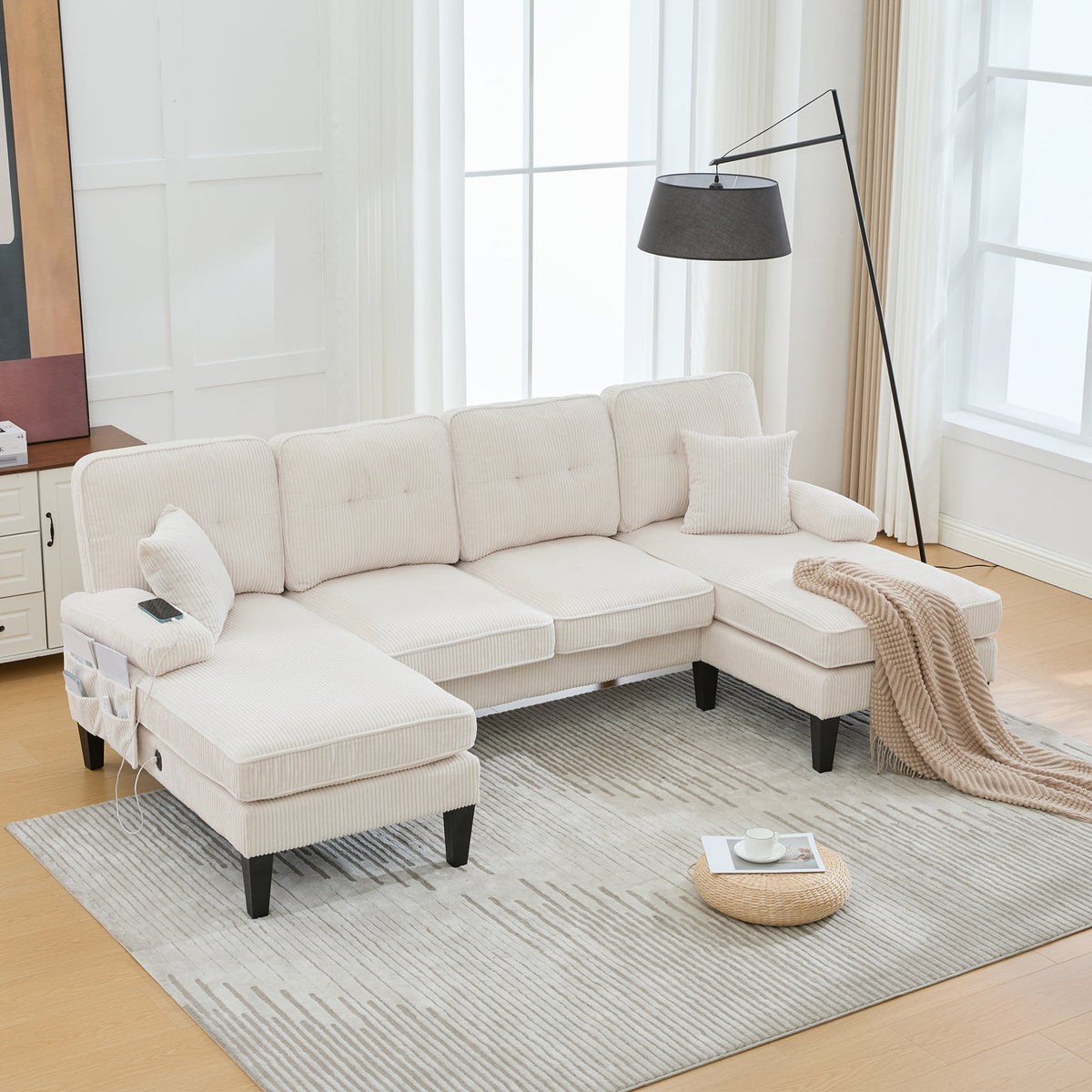 Modern 4-Seater U-Shaped Sofa with Double Chaise Lounge and Corduroy Upholstery, Beige
