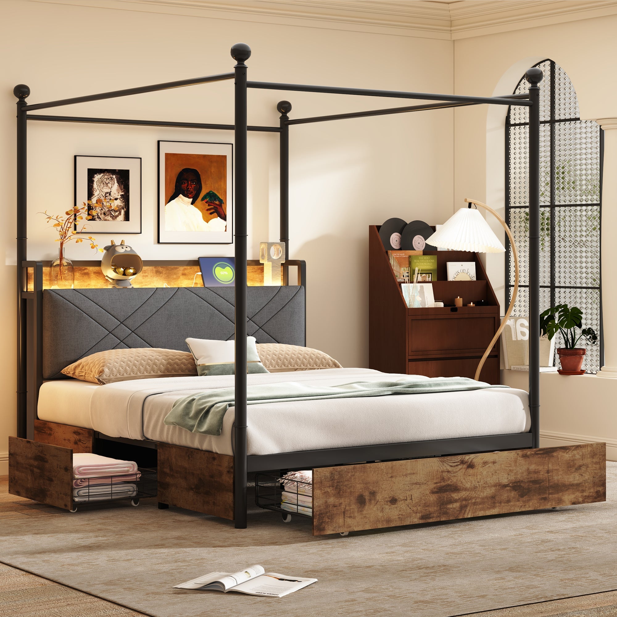 Multifunctional Double Bed 140x190 Storage Canopy LED USB Drawers, Black