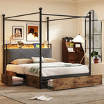 Multifunctional Double Bed 140x190 Storage Canopy LED USB Drawers, Black