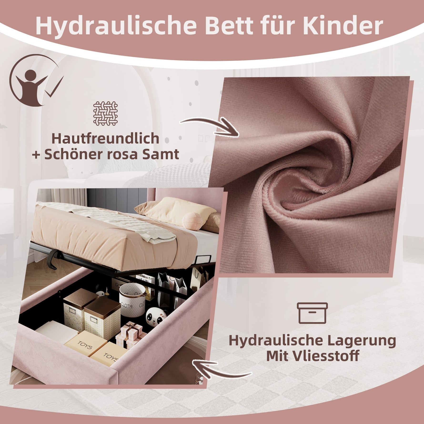 Children's Bed, Single 90 x 190 cm, Pink Velvet