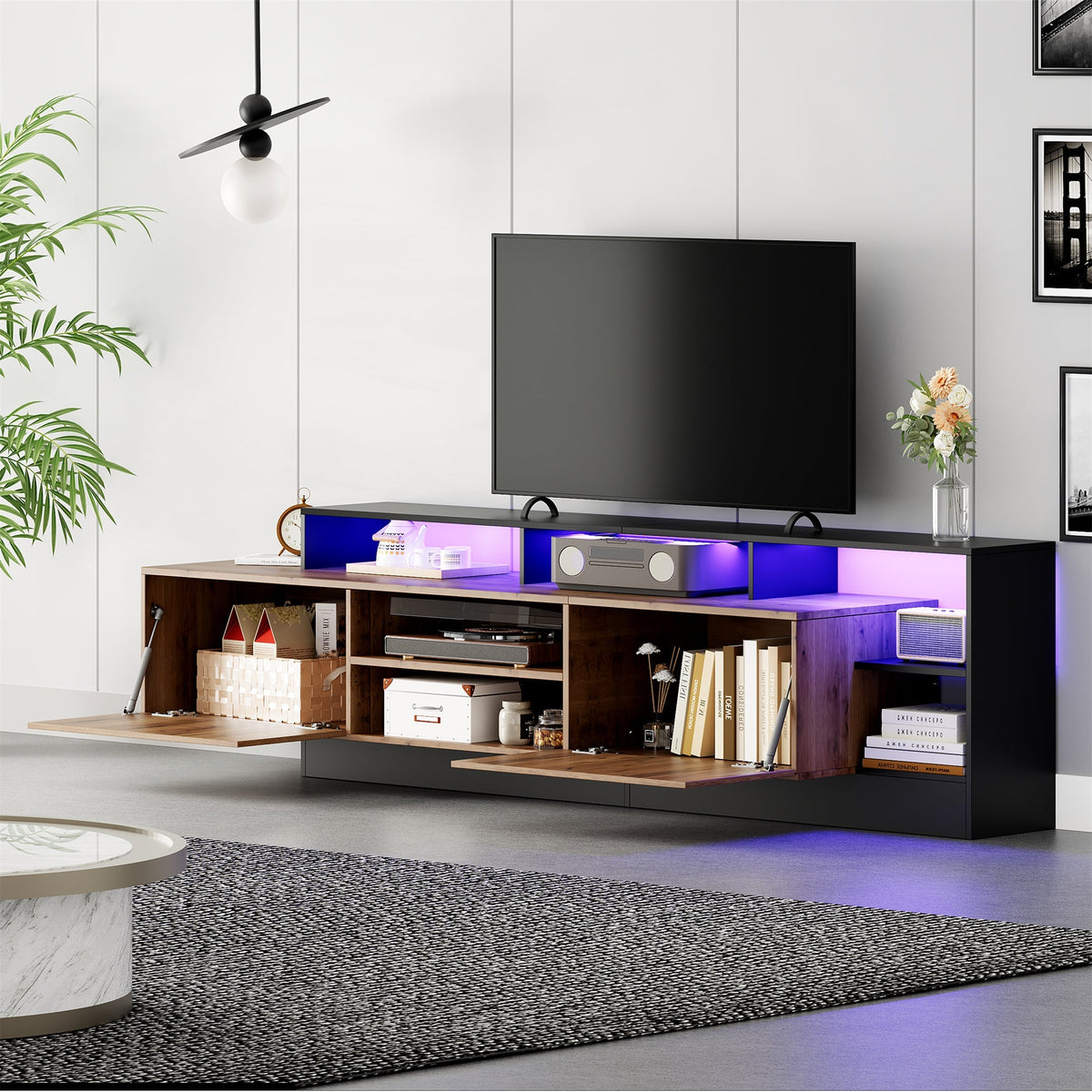 TV Cabinet 70 Inch Open Storage LED Display Wood/Black Frame
