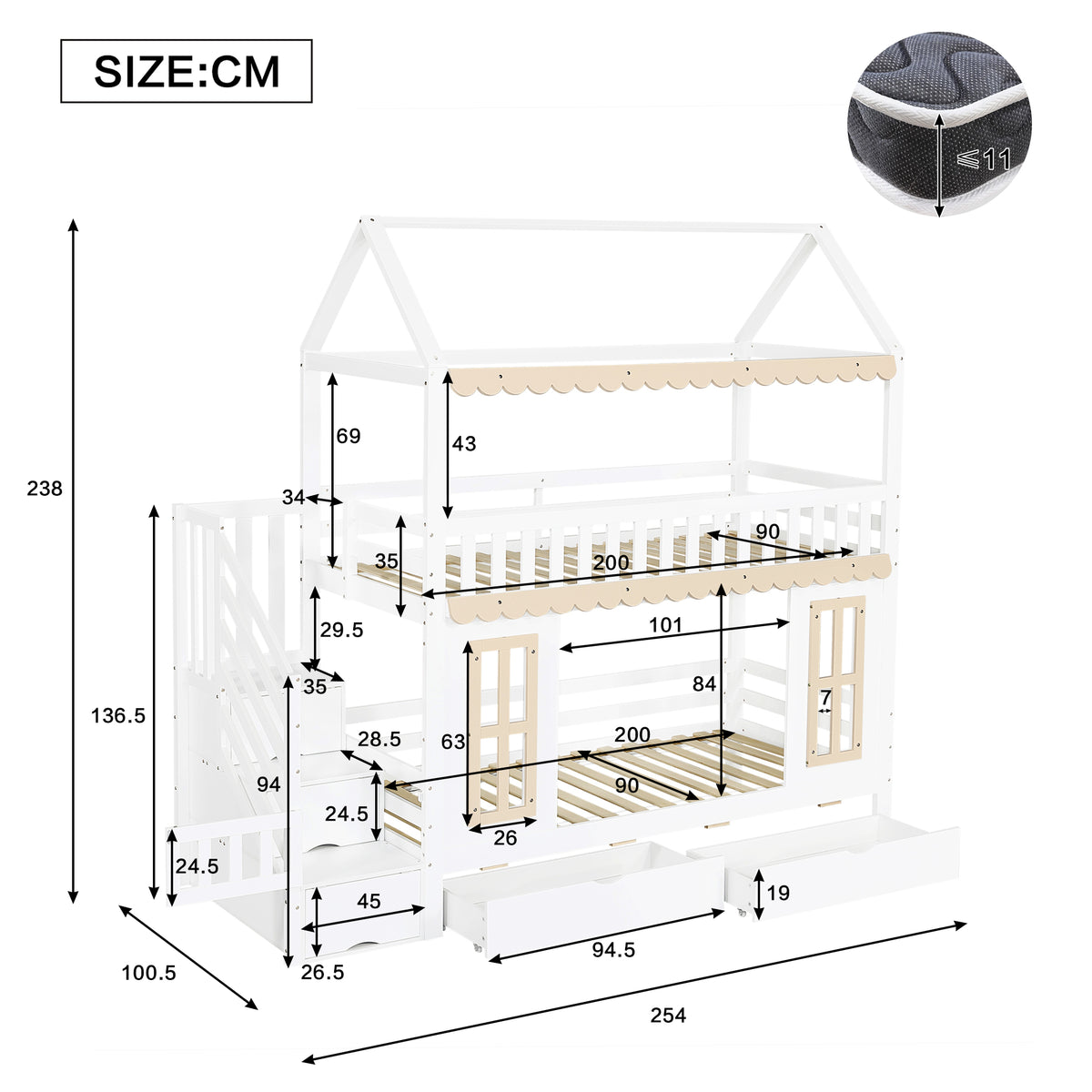 House Bunk Bed 90x200cm with Storage & Drawers, White & Natural