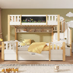 Bunk Bed for 3 Children with Storage Stairs and Chalkboard, White Natural Solid Wood