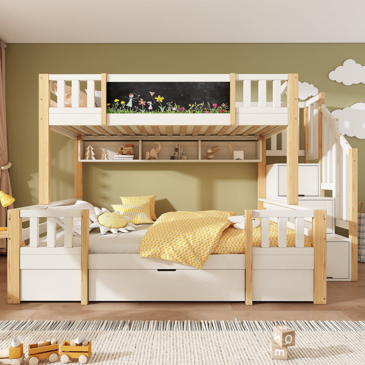 Bunk Bed for 3 Children with Storage Stairs and Chalkboard, White Natural Solid Wood
