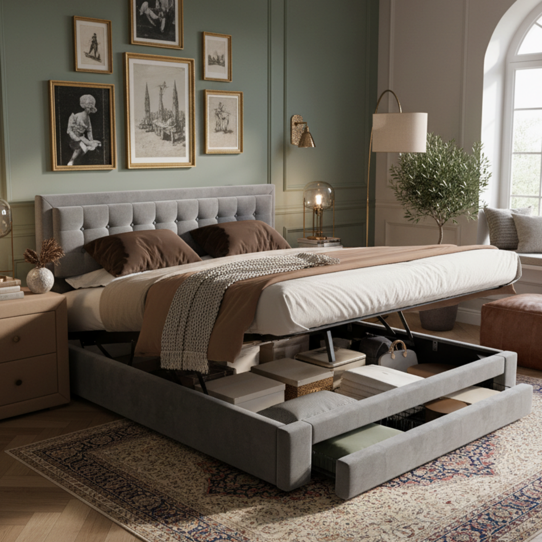 Upholstered Double Bed 160x200 Storage Drawers Slatted Frame - Velvet Grey