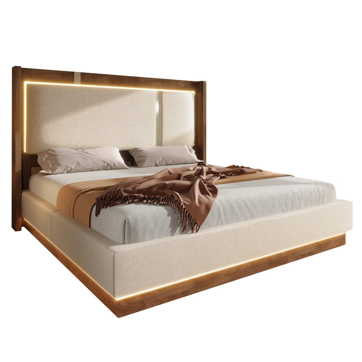 Double Upholstered Bed 140x200 with LED & Storage, Beige Linen