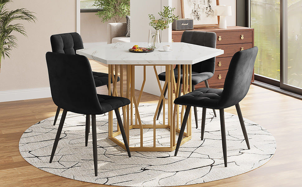 5-Piece Dining Set Hexagonal Marble Table 4 Velvet Chairs Gold Legs - Black