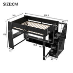 Loft Bed with Desk, Storage Stairs and LED Lighting, 140x200cm, Black Wood