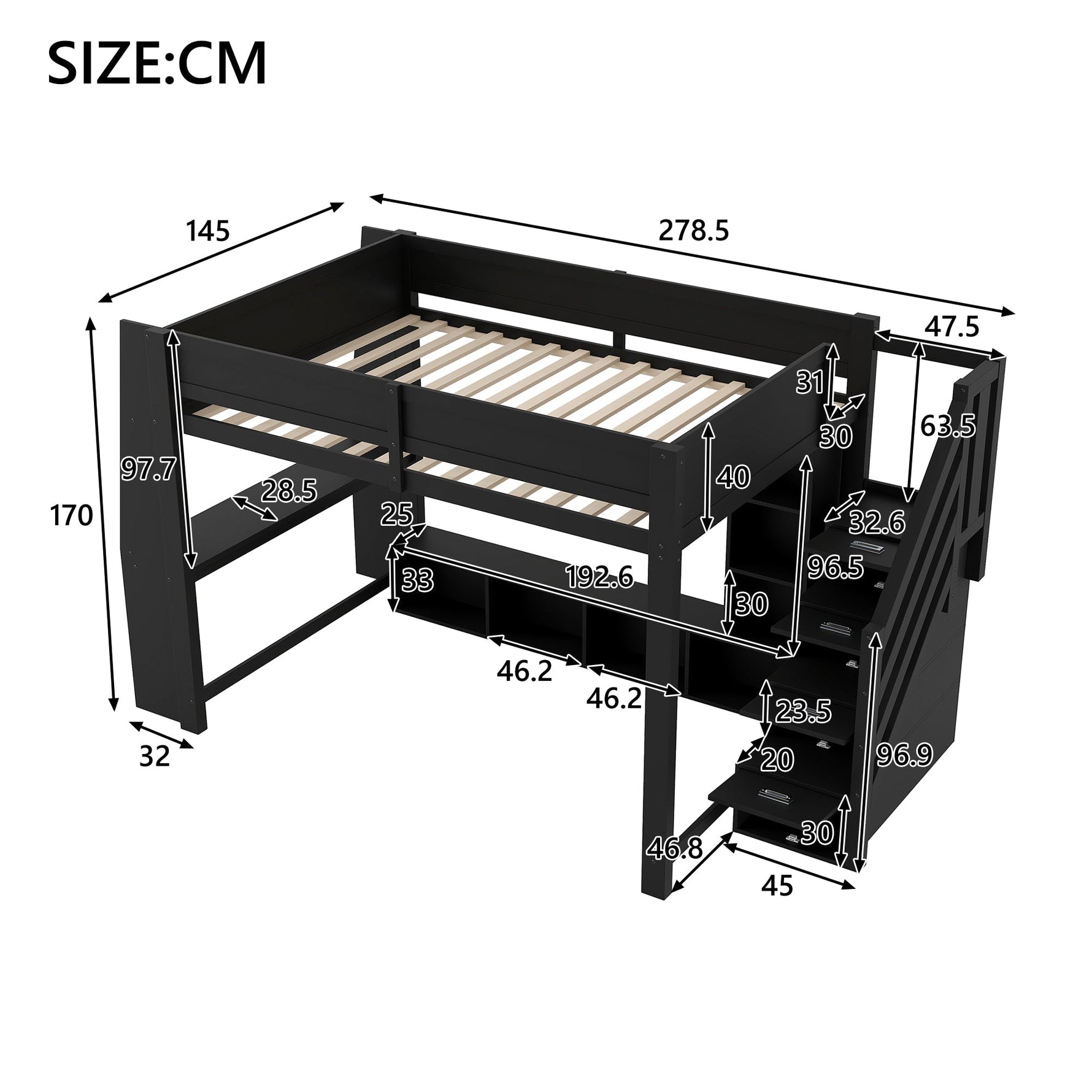 Loft Bed with Desk, Storage Stairs and LED Lighting, 140x200cm, Black Wood
