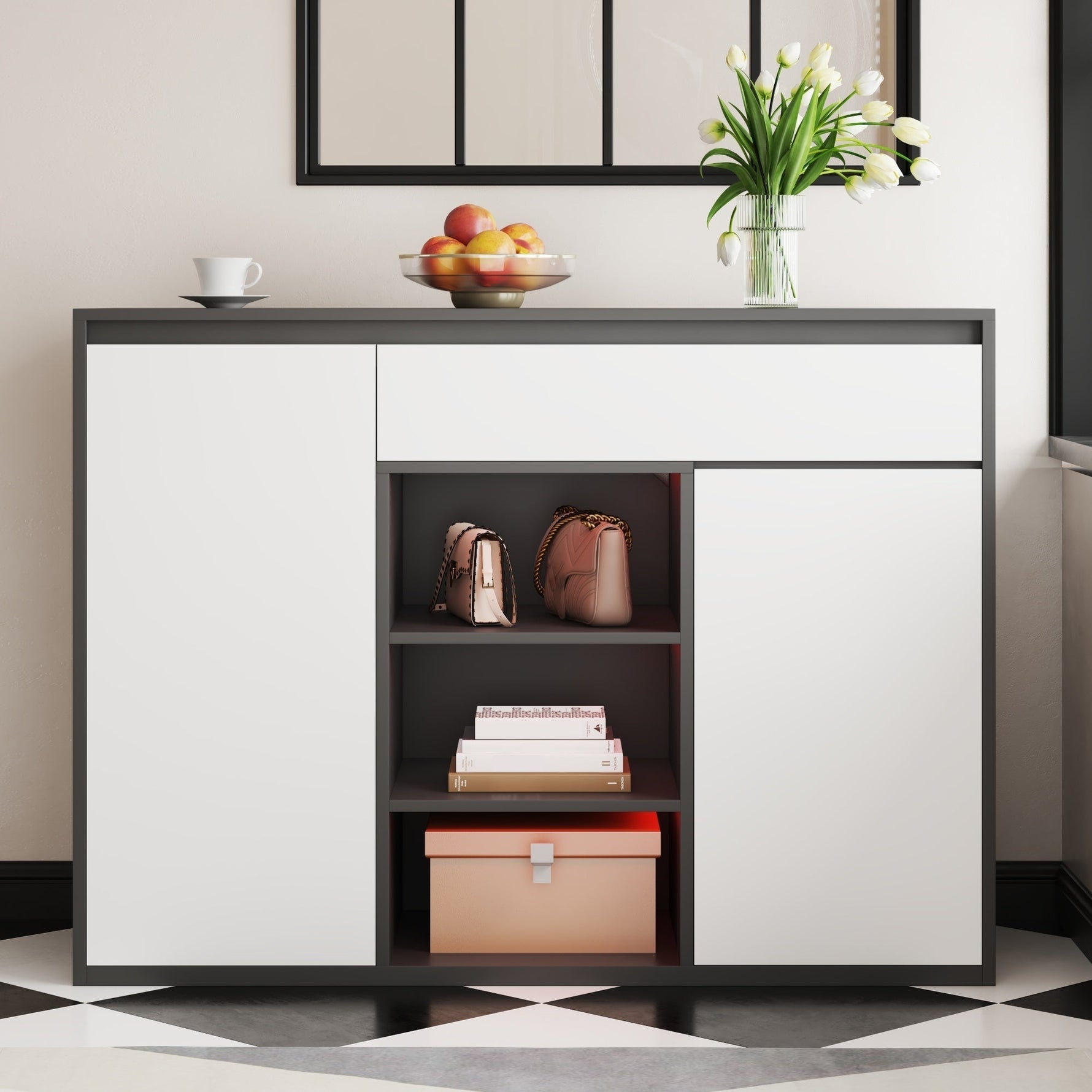 Shoe Cabinet, 2 Doors 1 Drawer Adjustable Rack, Black/White Modern Design