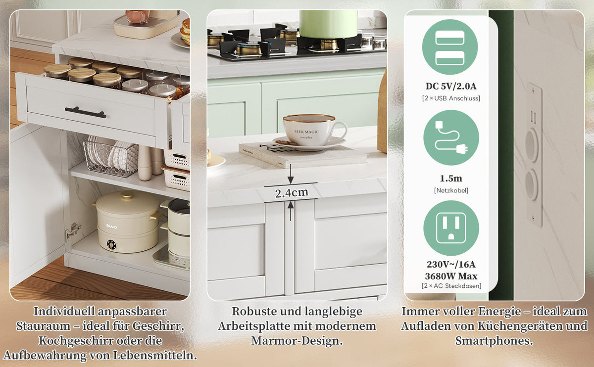 Kitchen Island with Power Outlets USB Adjustable Shelves, White