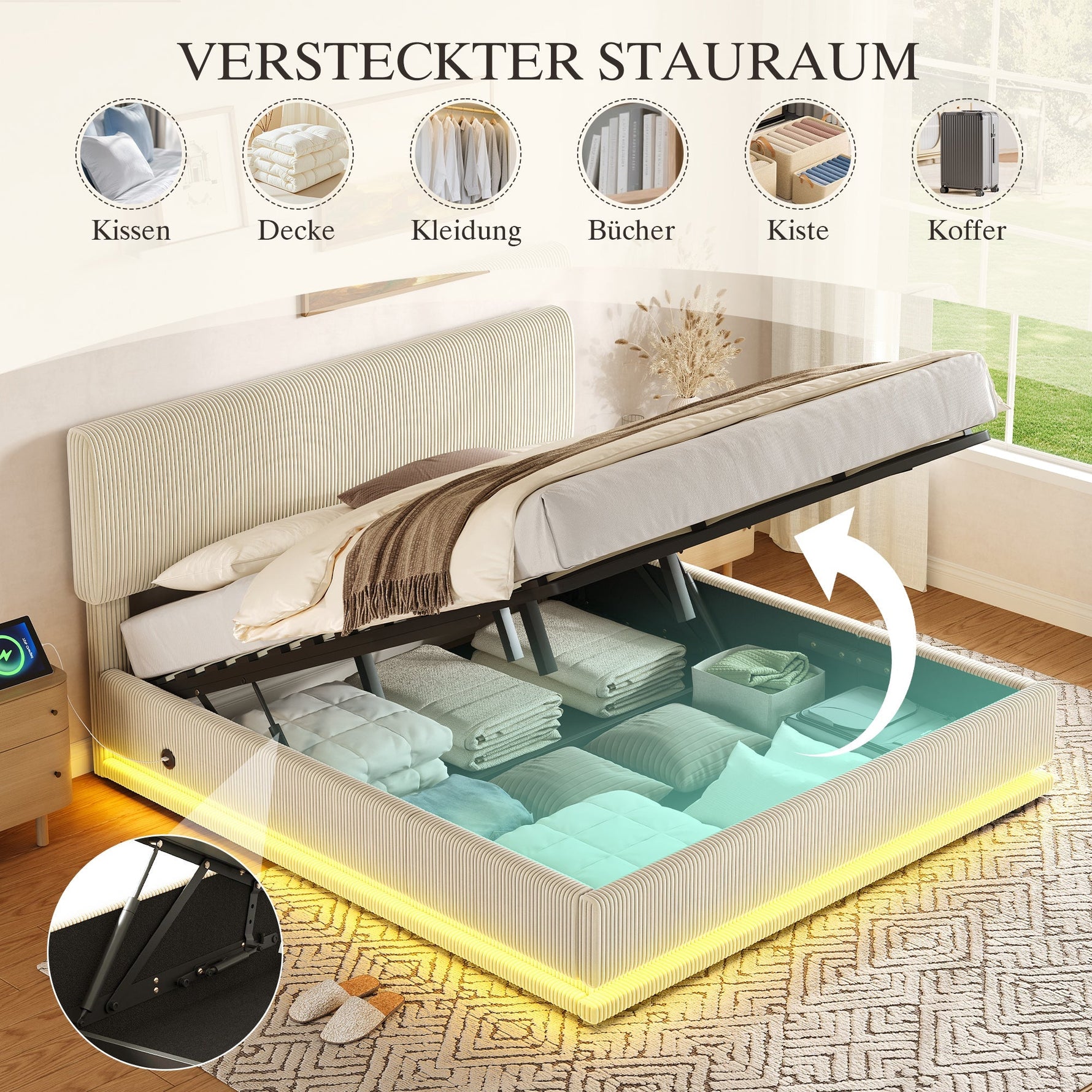 Modern Upholstered Bed with LED Lighting, USB-C and Storage, 180x200 Beige Corduroy
