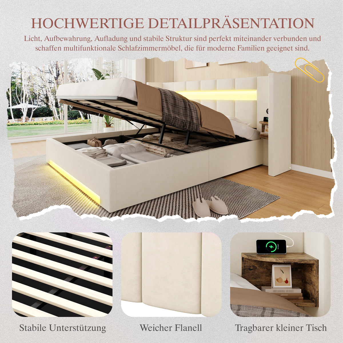 Multifunctional Bed Frame 160x200cm LED Hydraulic Storage Velvet
