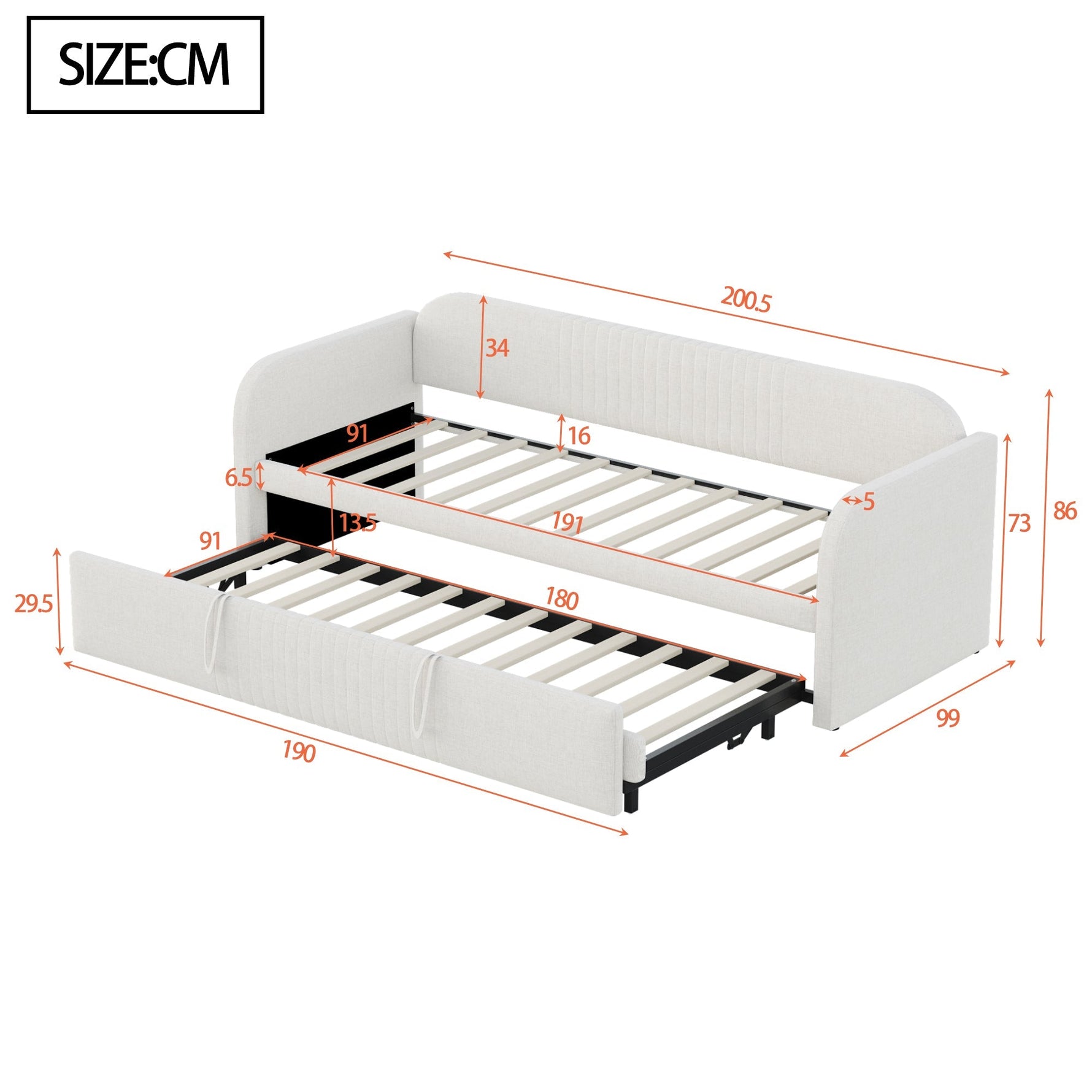 Upholstered Bed Pull-Out Sofa Bed, 90/180*190cm Multifunctional with Slatted Frame, Beige Linen