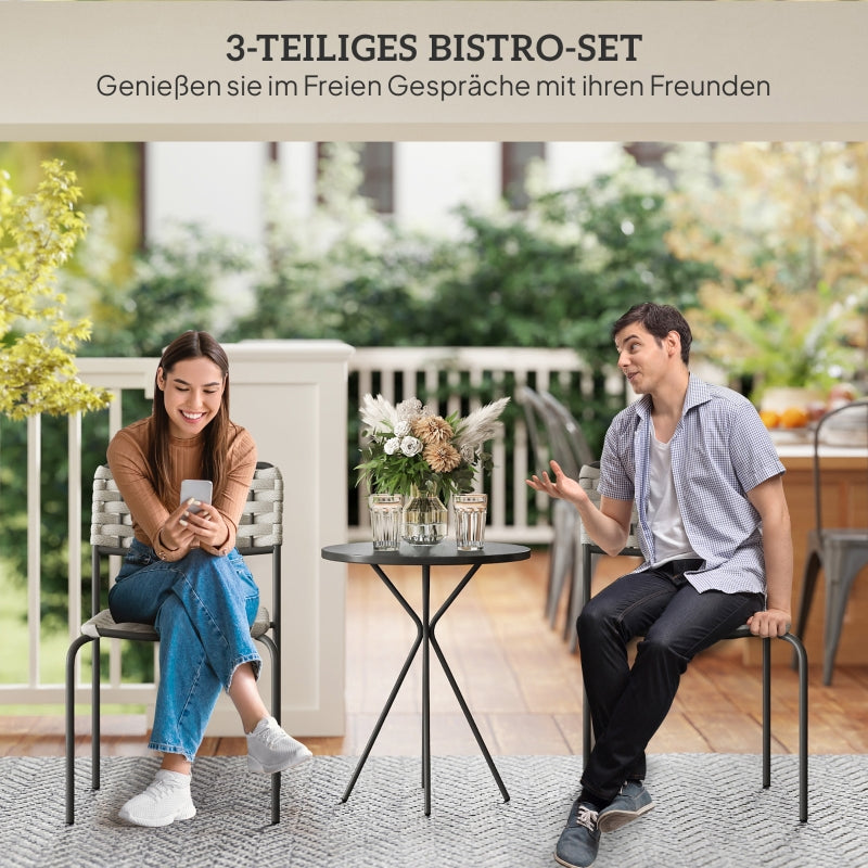 Polyrattan Garden Furniture Set, 2-Person 3-Piece Stackable Chairs & Table, Grey