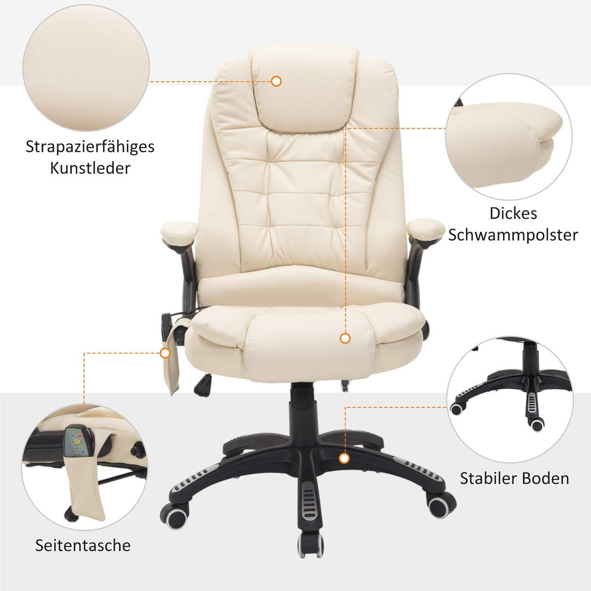 Massage Chair Executive, 6-Point Vibration, Heat & Recline, Beige Faux Leather