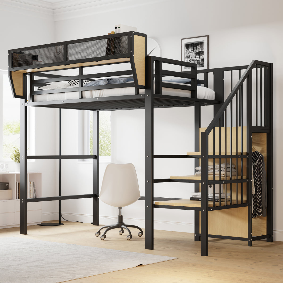Loft Bed 90x200 with Safety Ladder & Storage, White Metal