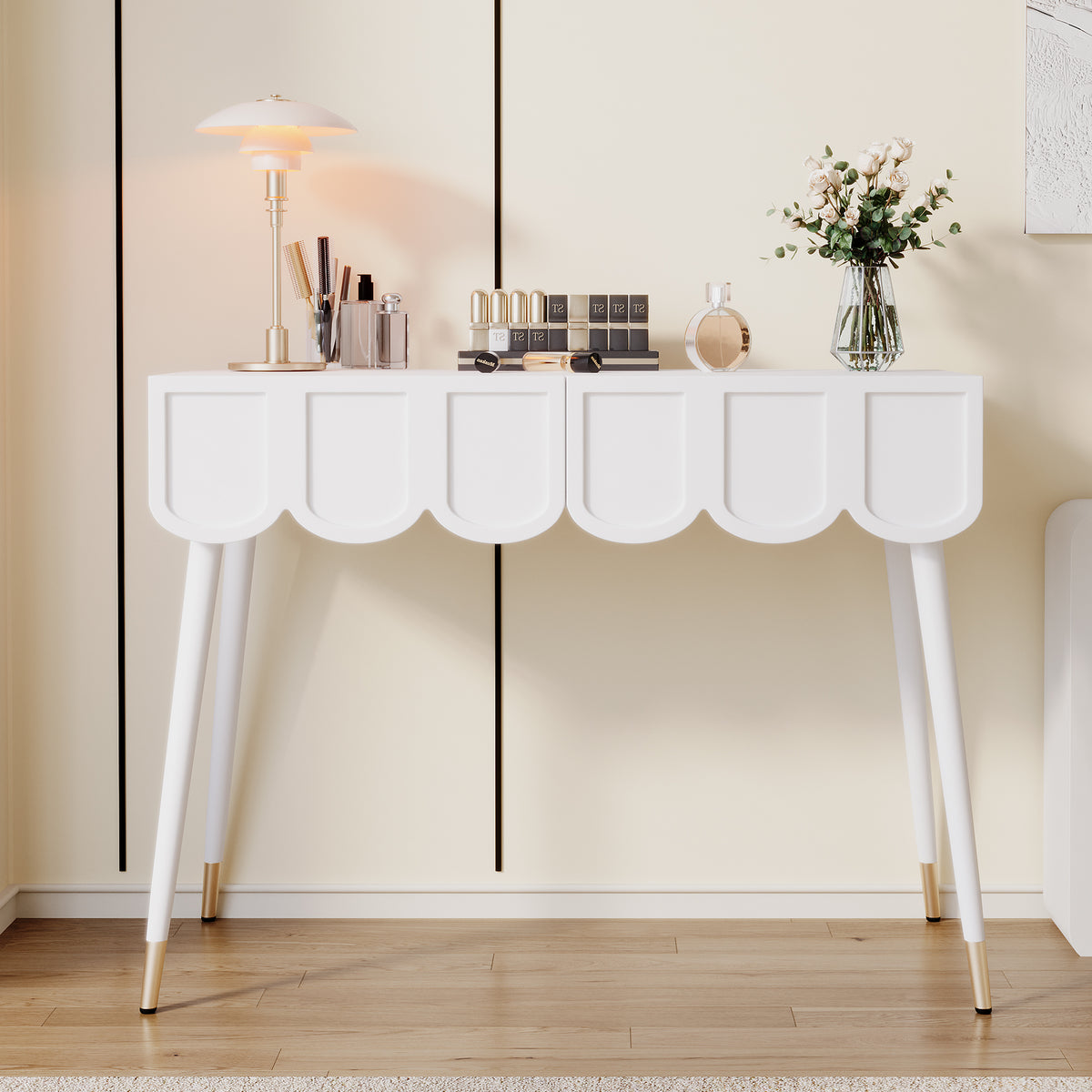 Dressing Vanity Table with 2 Drawers and Metal Legs in White