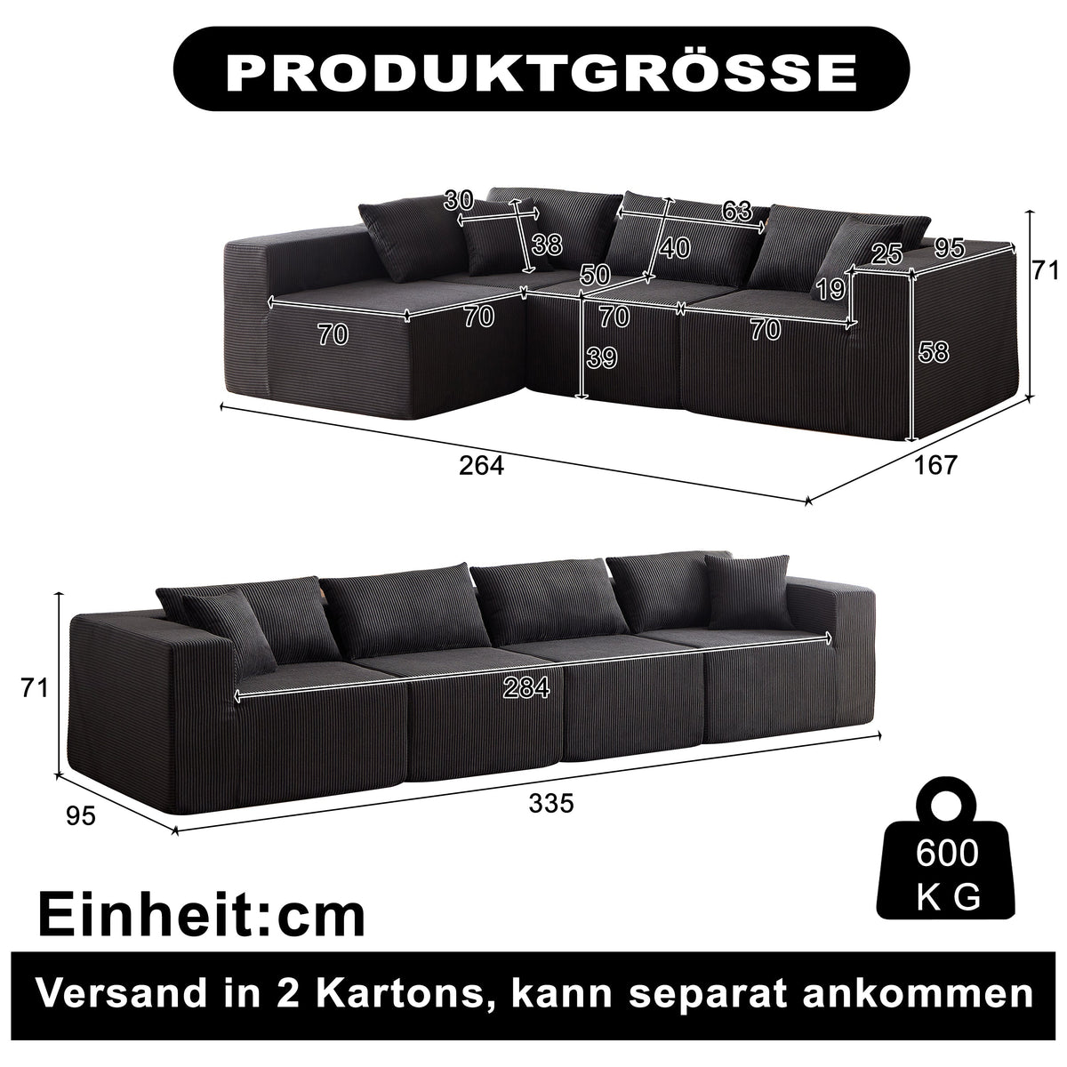 Modular L-Shaped Sectional Sofa 104-Inch 4-Piece Foam-Filled - Corduroy