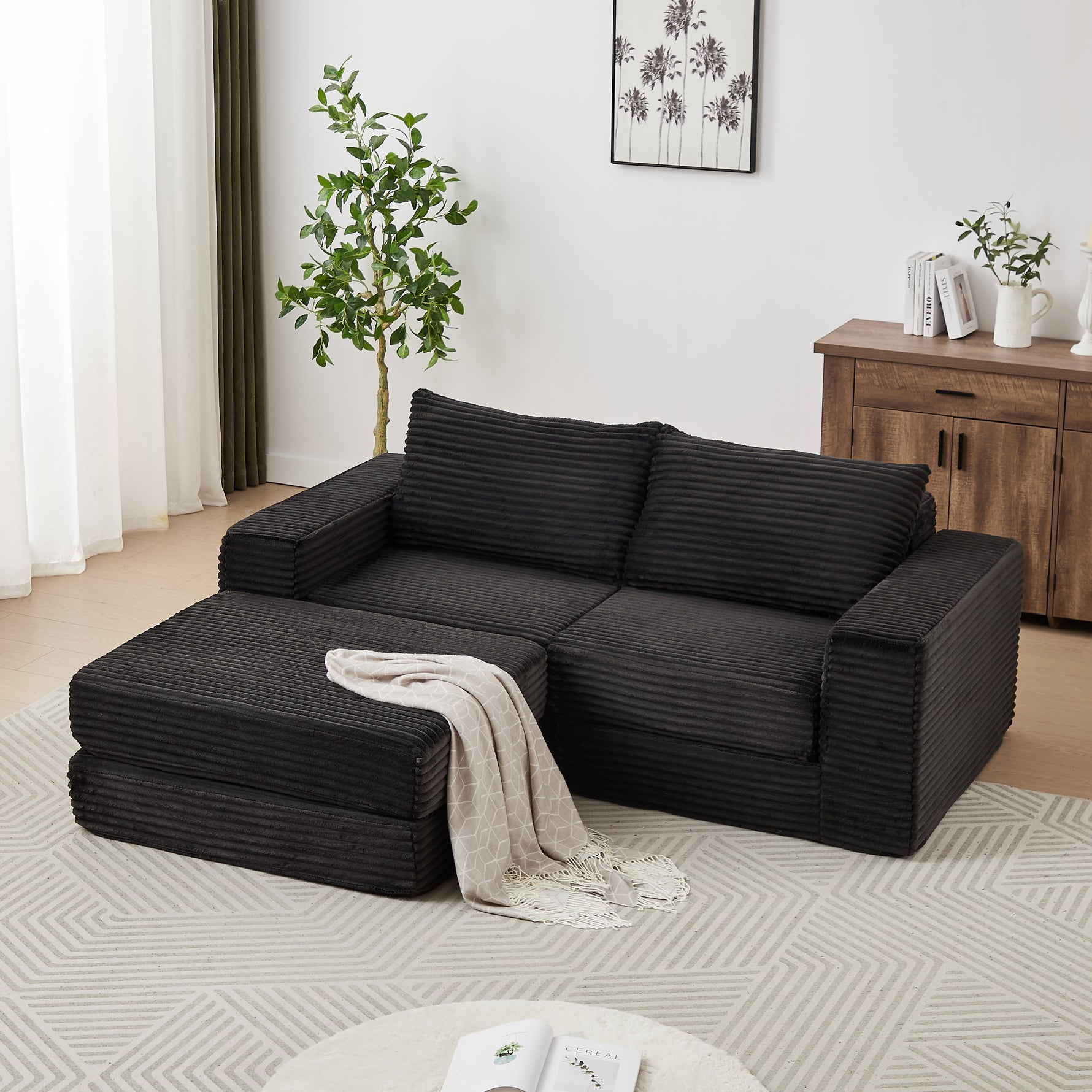 Corduroy 2-in-1 Sofa Bed with Removable Footstool and Modular Design, Corduroy
