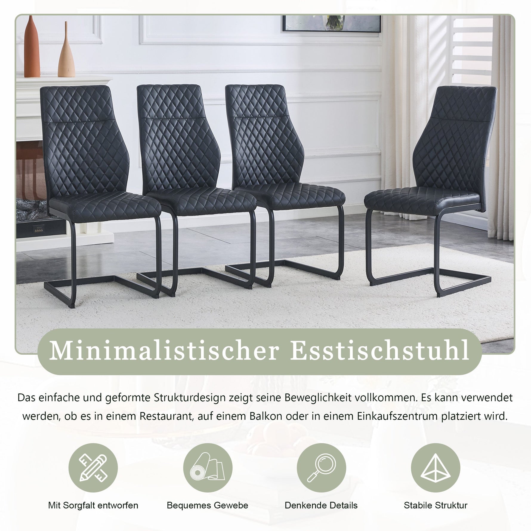 Dining Chair Set of 2 with High Backrest and Diamond Pattern, Black Metal Frame and PU Leather