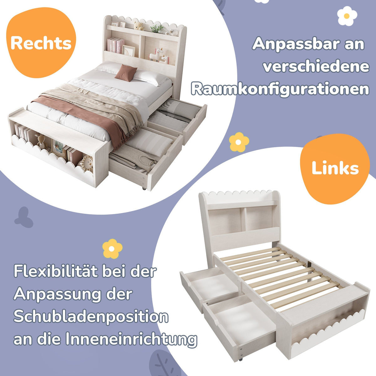 Children's Bed Storage with Drawers Shelf Bench 90x190cm Wood White Oak Finish