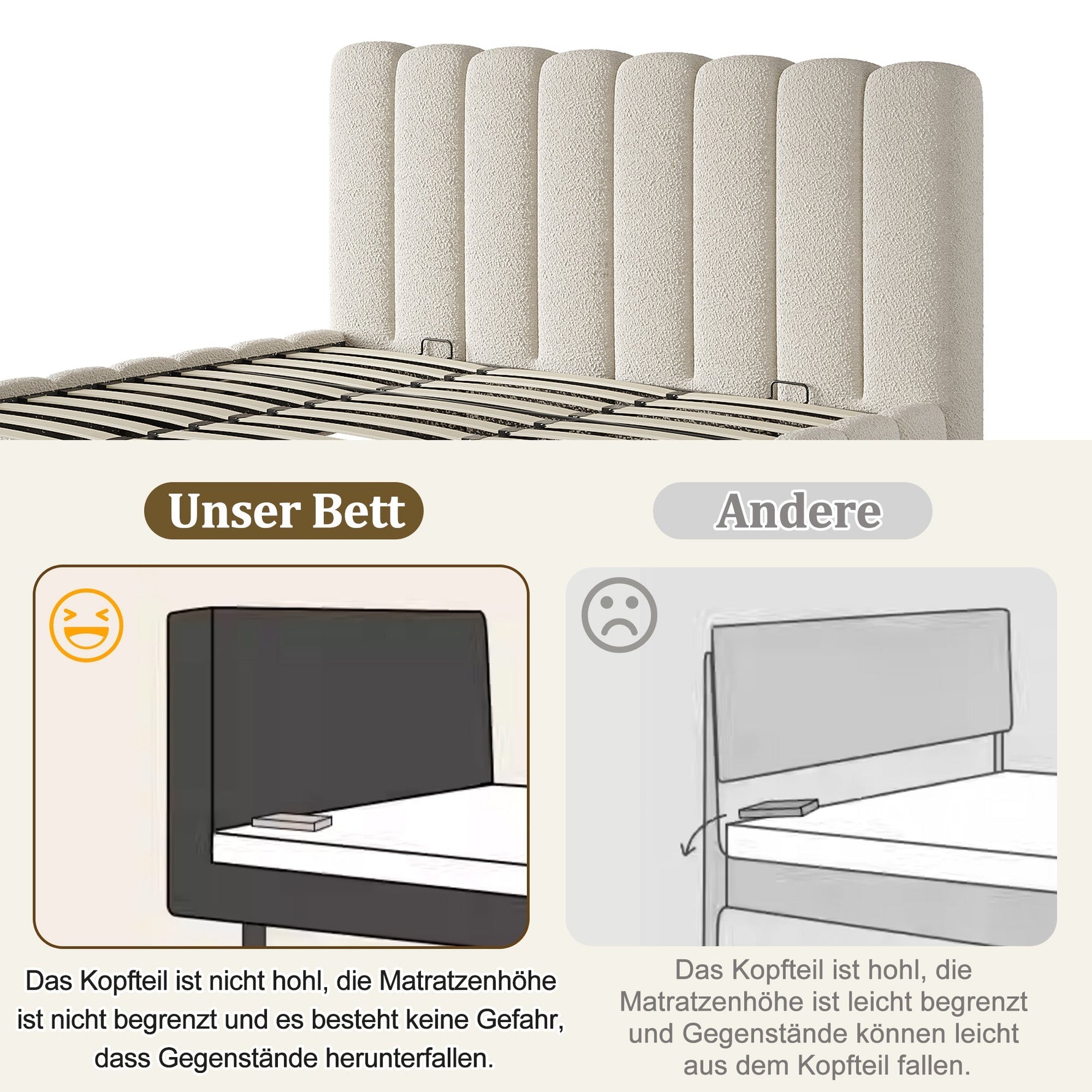 Upholstered Double Bed with Hydraulic Storage and Slatted Frame, 200x200cm, White Bouclé
