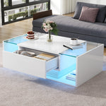 Coffee Table, 1 Drawer LED Light Tempered Glass, White High-Gloss