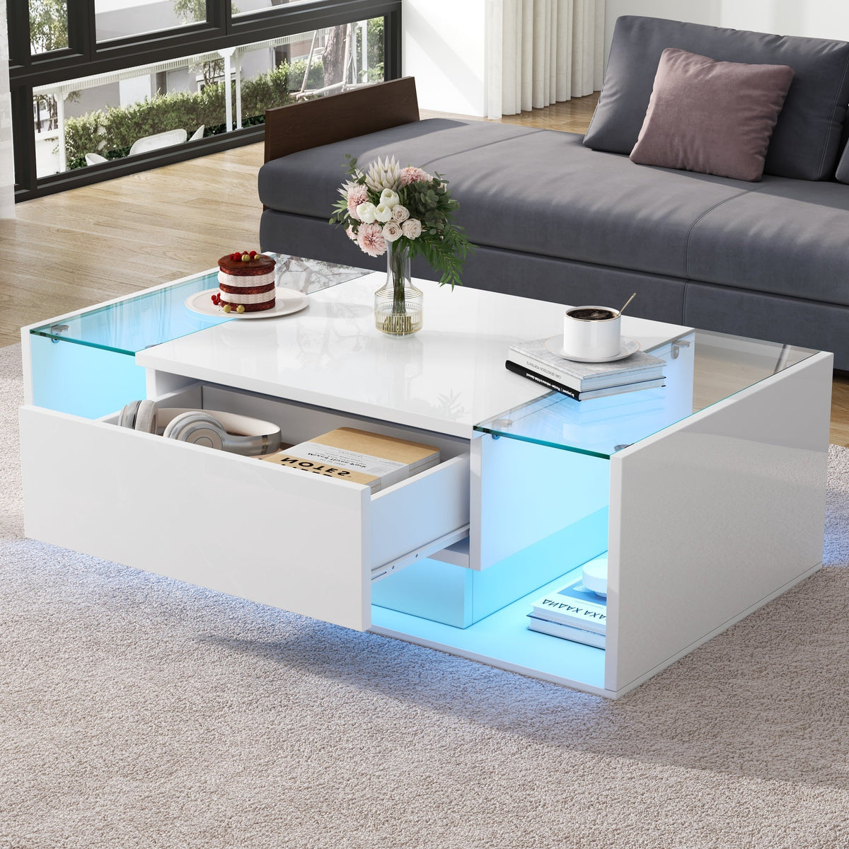 Coffee Table, 1 Drawer LED Light Tempered Glass, White High-Gloss