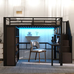 Loft Bed 140x200cm Iron Frame with Desk LED Light Strip Storage Stairs Black