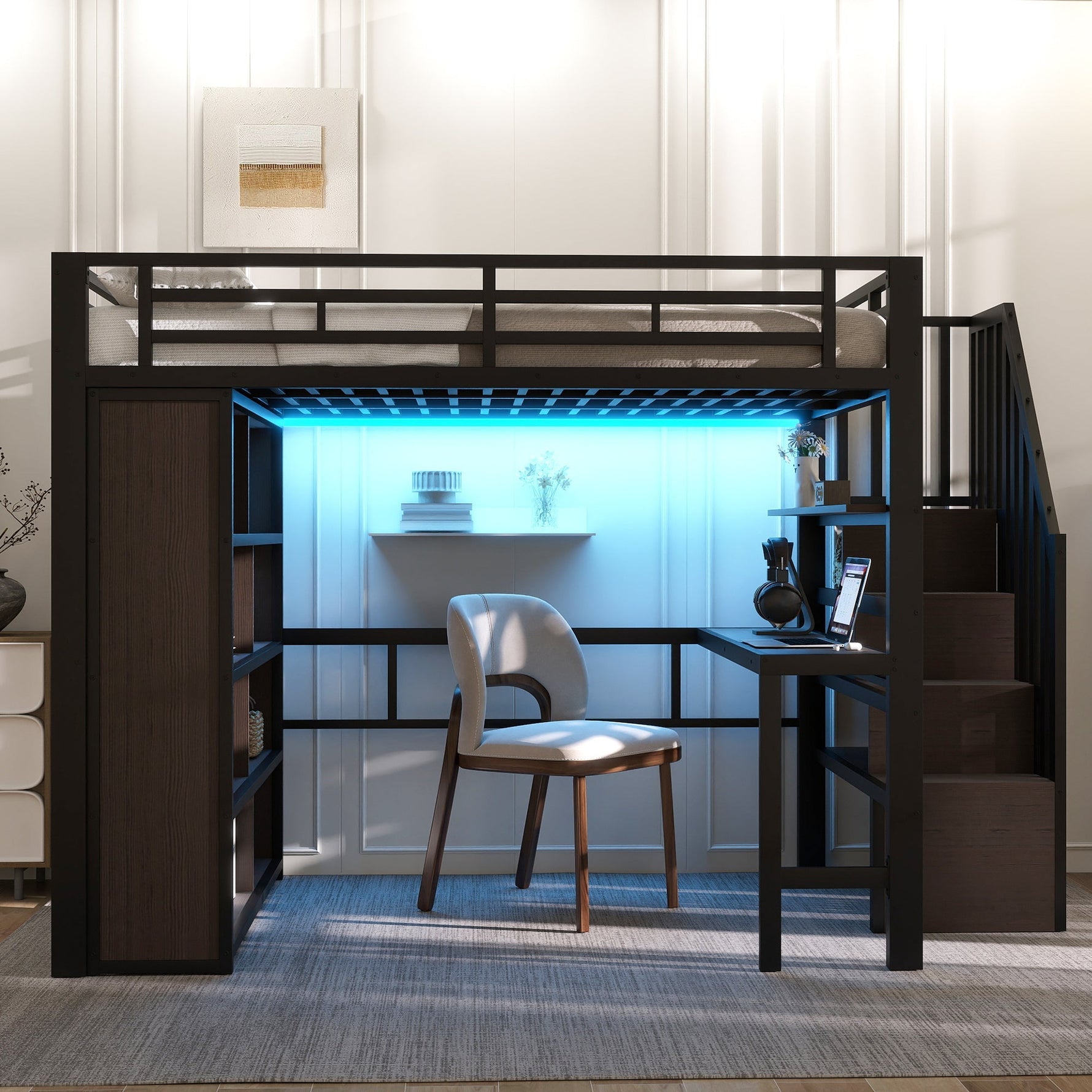Loft Bed 140x200cm Iron Frame with Desk LED Light Strip Storage Stairs Black