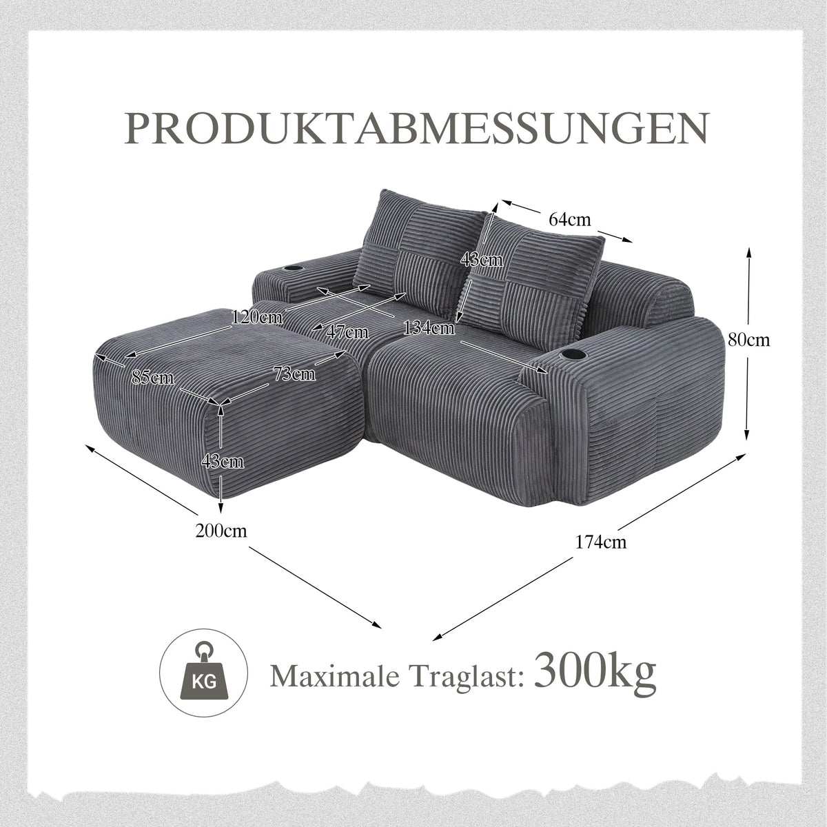 Modular 2-Seater Sofa with Ottomans, Cup Holder and Side Pocket, Dark Grey Corduroy