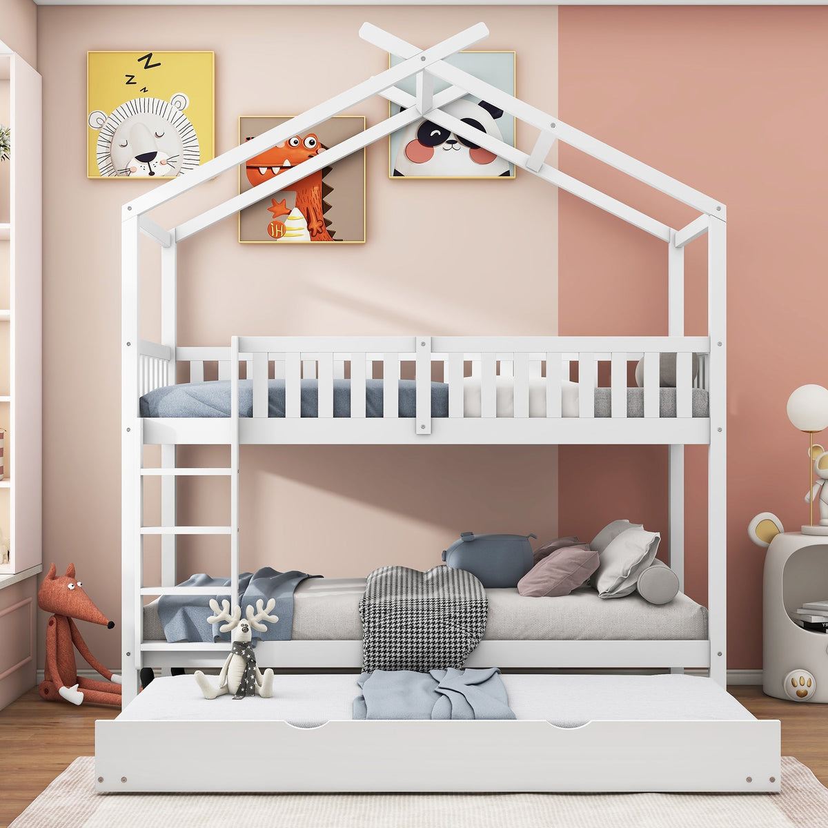 House Bed 90x200cm Triple Extendable Space-Saving - White
