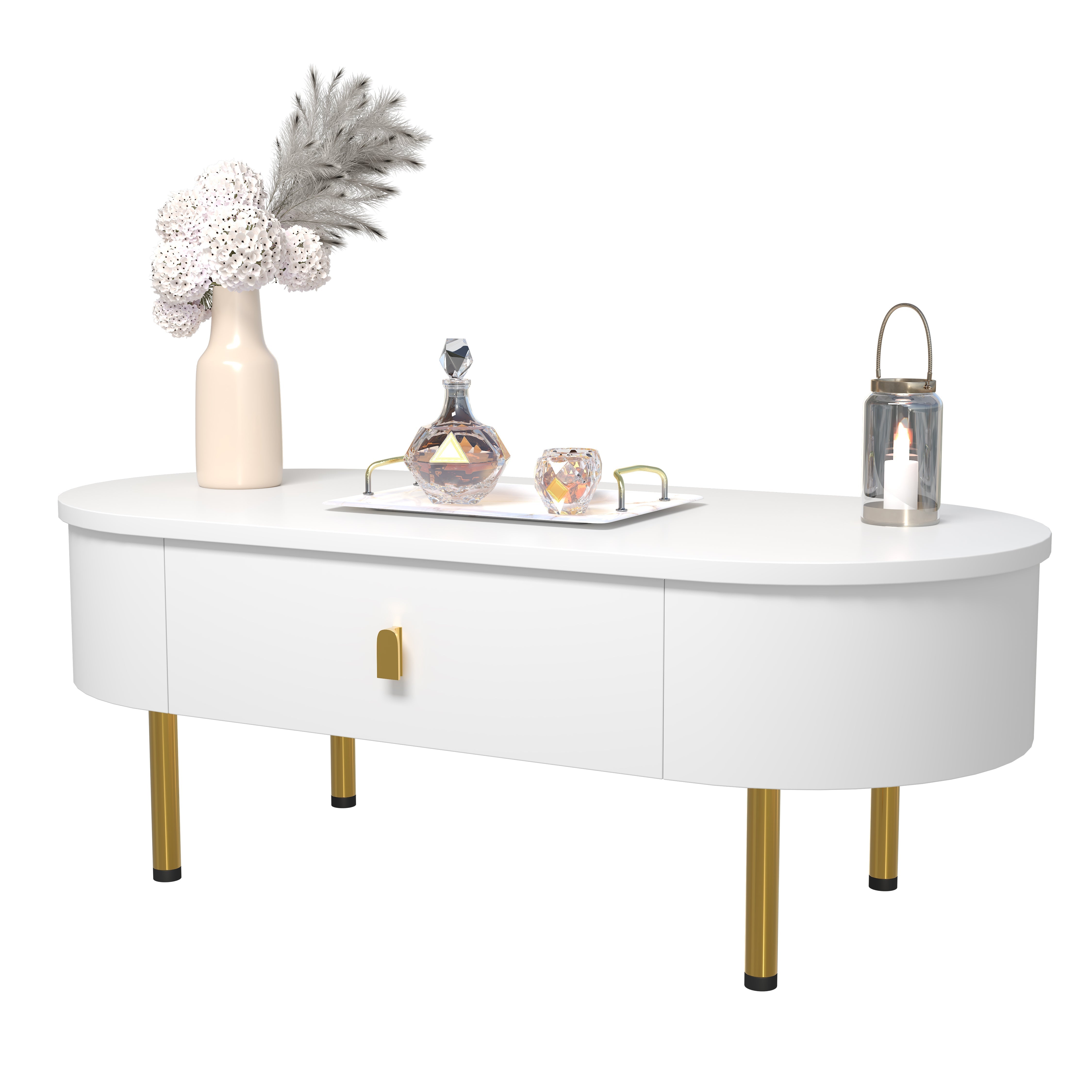 Coffee Table with Two Drawers, Curved Corners, Golden