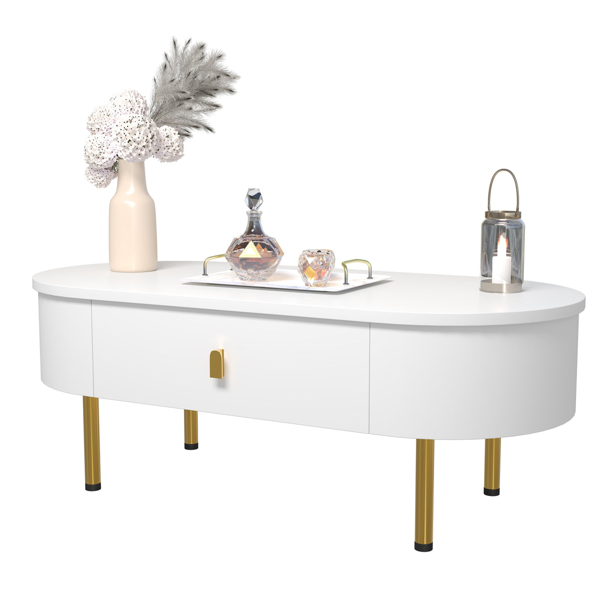 Coffee Table with Two Drawers, Curved Corners, Golden