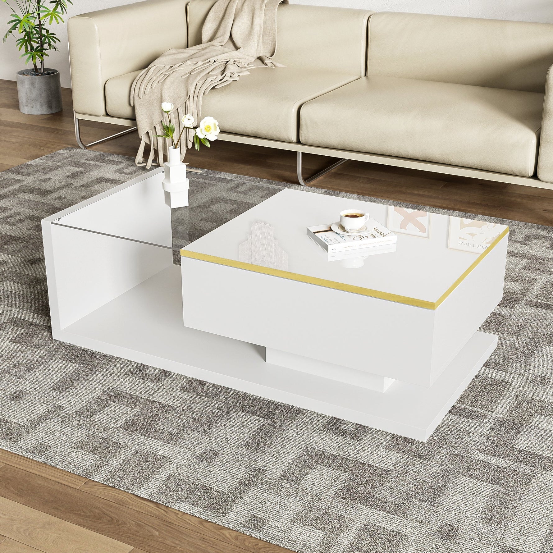 Coffee Table 100cm Long Glass LED Effect High-Gloss White