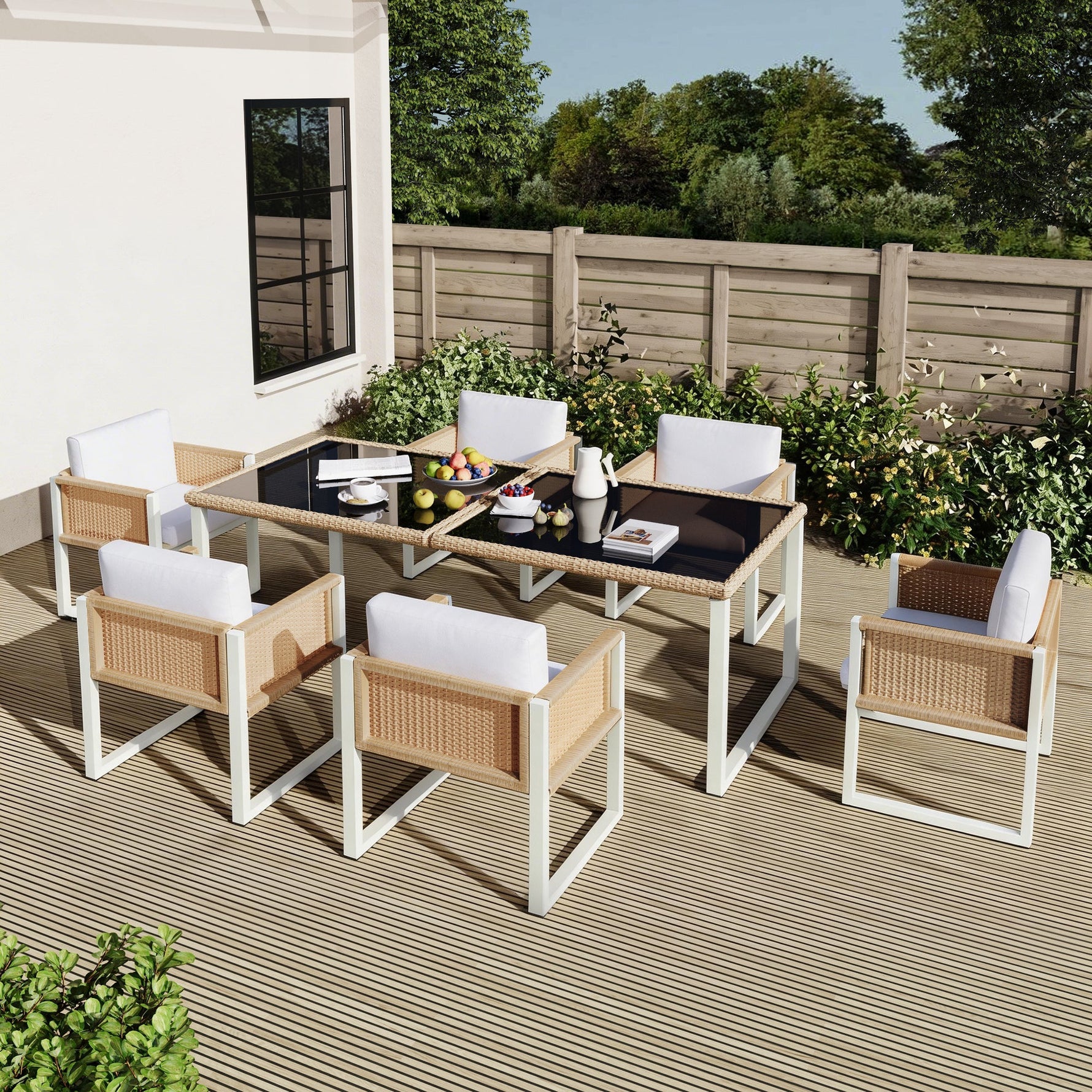 Garden Dining Set, 6-Person Table and Chairs with Washable Covers, Polyrattan