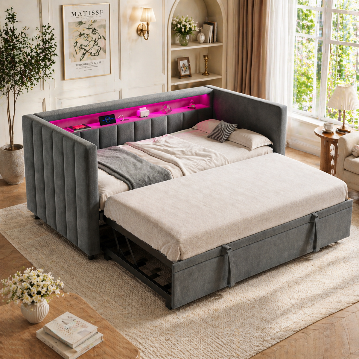 Multifunctional Sofa Bed 90x190cm, Pull-Out & Storage, Gray Velvet