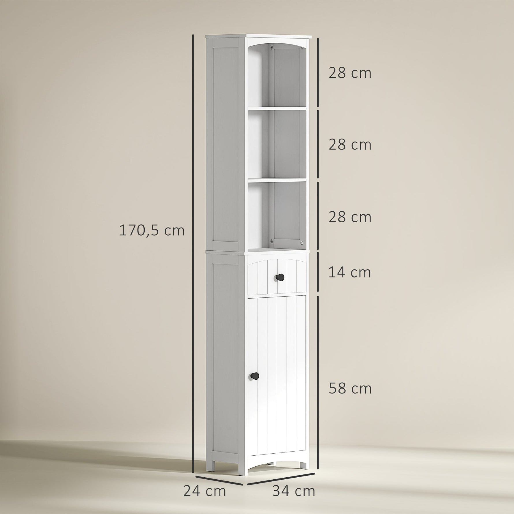Bathroom Cabinet, Tall with 3 Shelves, 1 Drawer, White