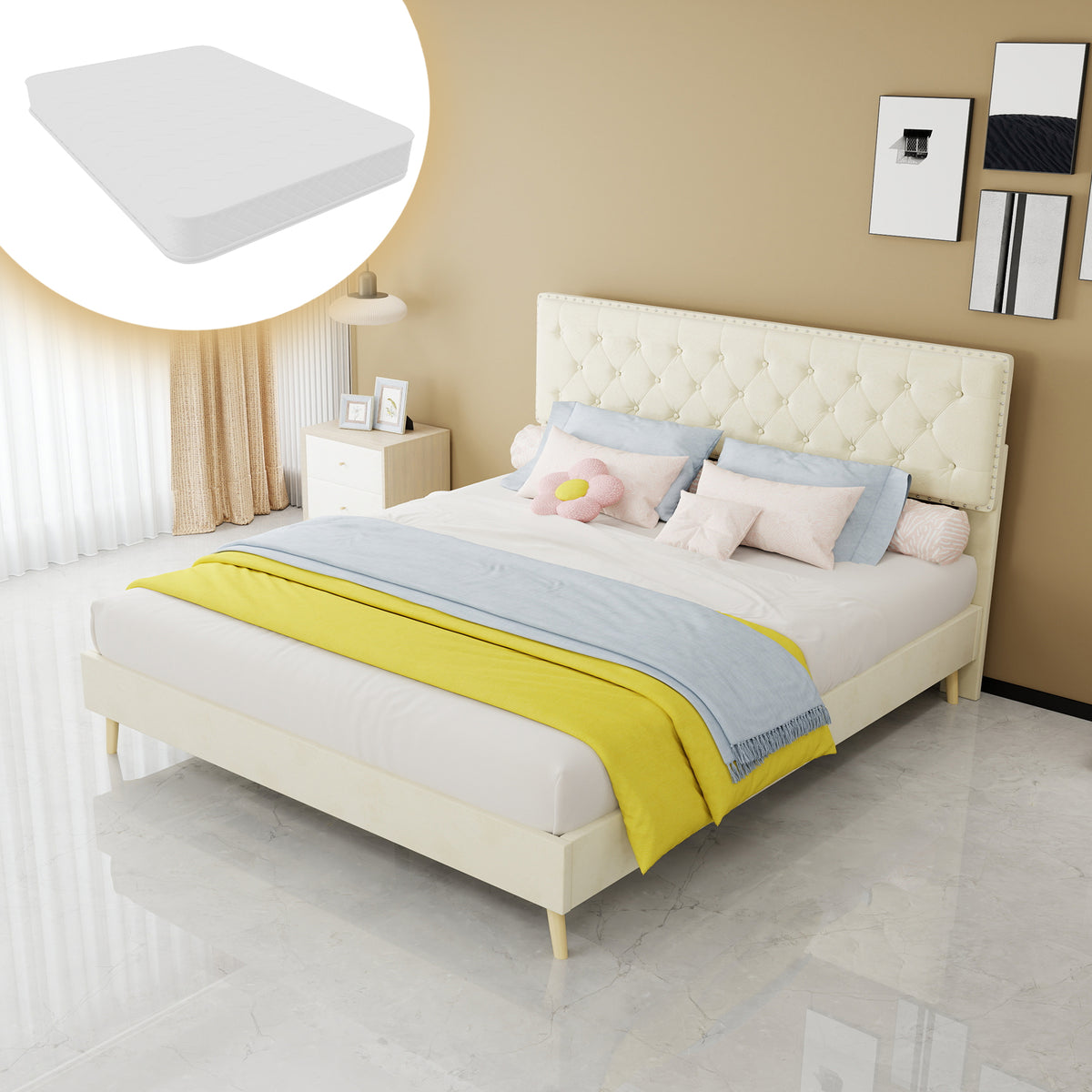 Modern Soft Bed with Soft Headboard & Mattress 160x200cm, Beige