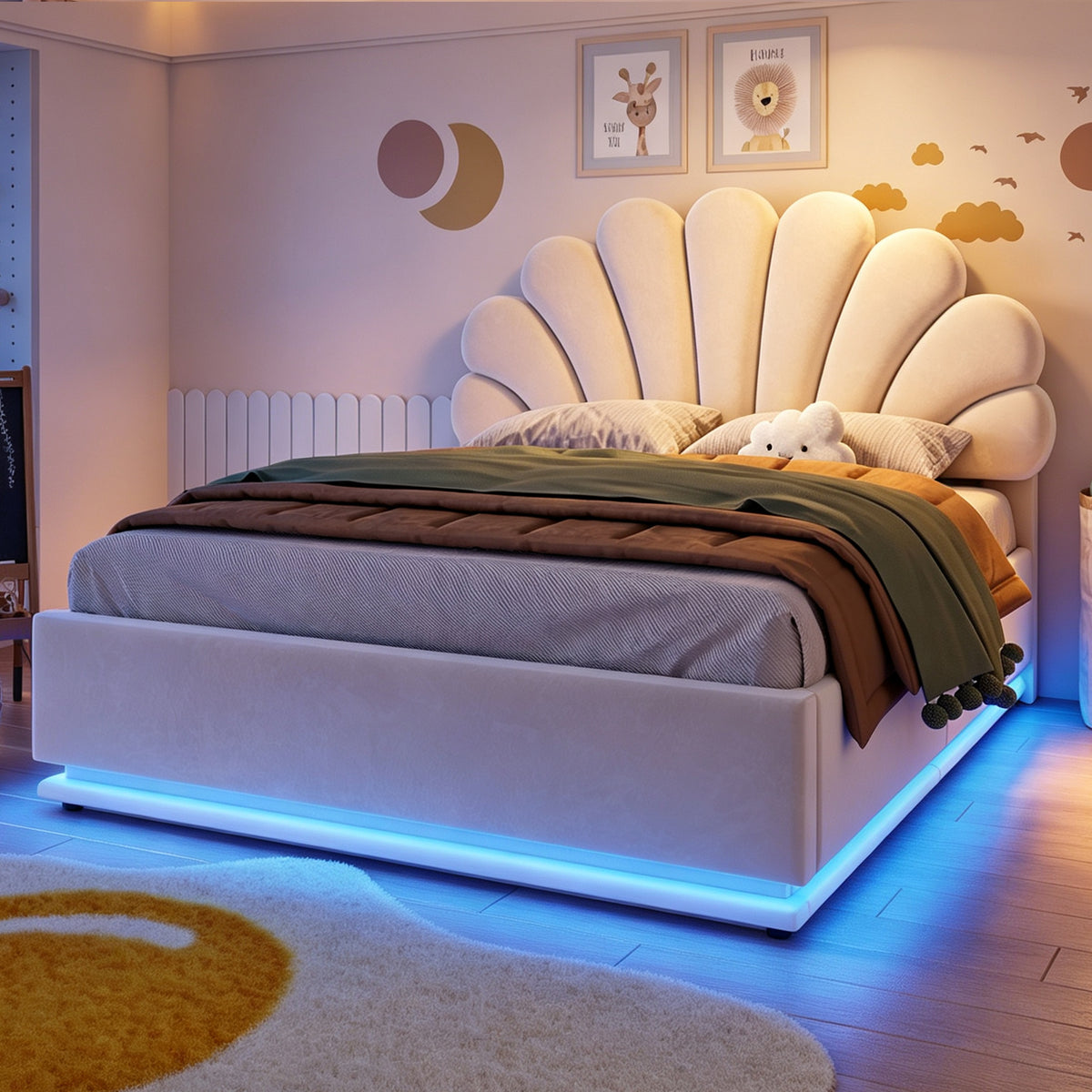 Upholstered Bed 140x200cm with Storage & LED Light, Beige Velvet