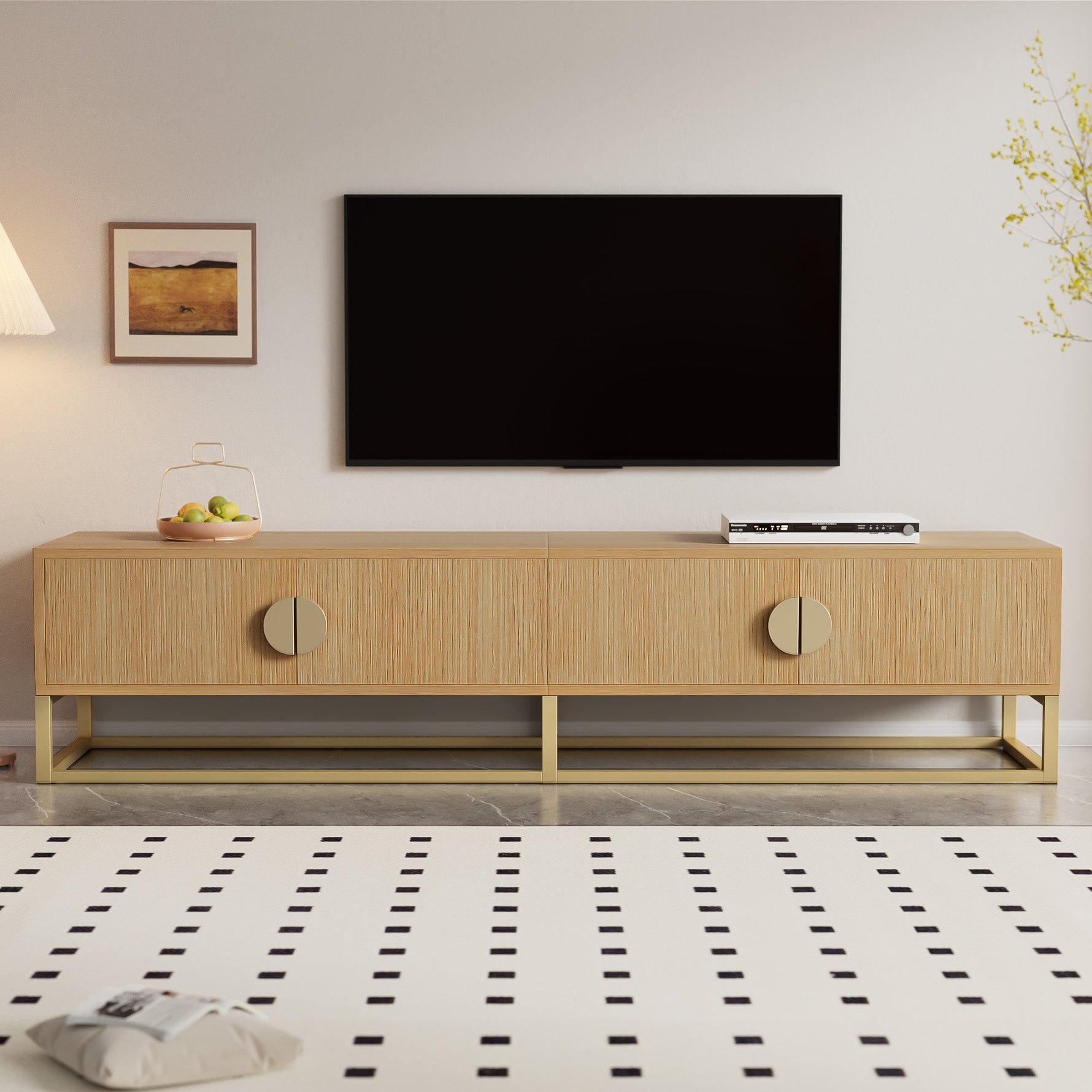 TV Cabinet 180cm 4 Doors Semi-circular Handles Wood Grain Finish