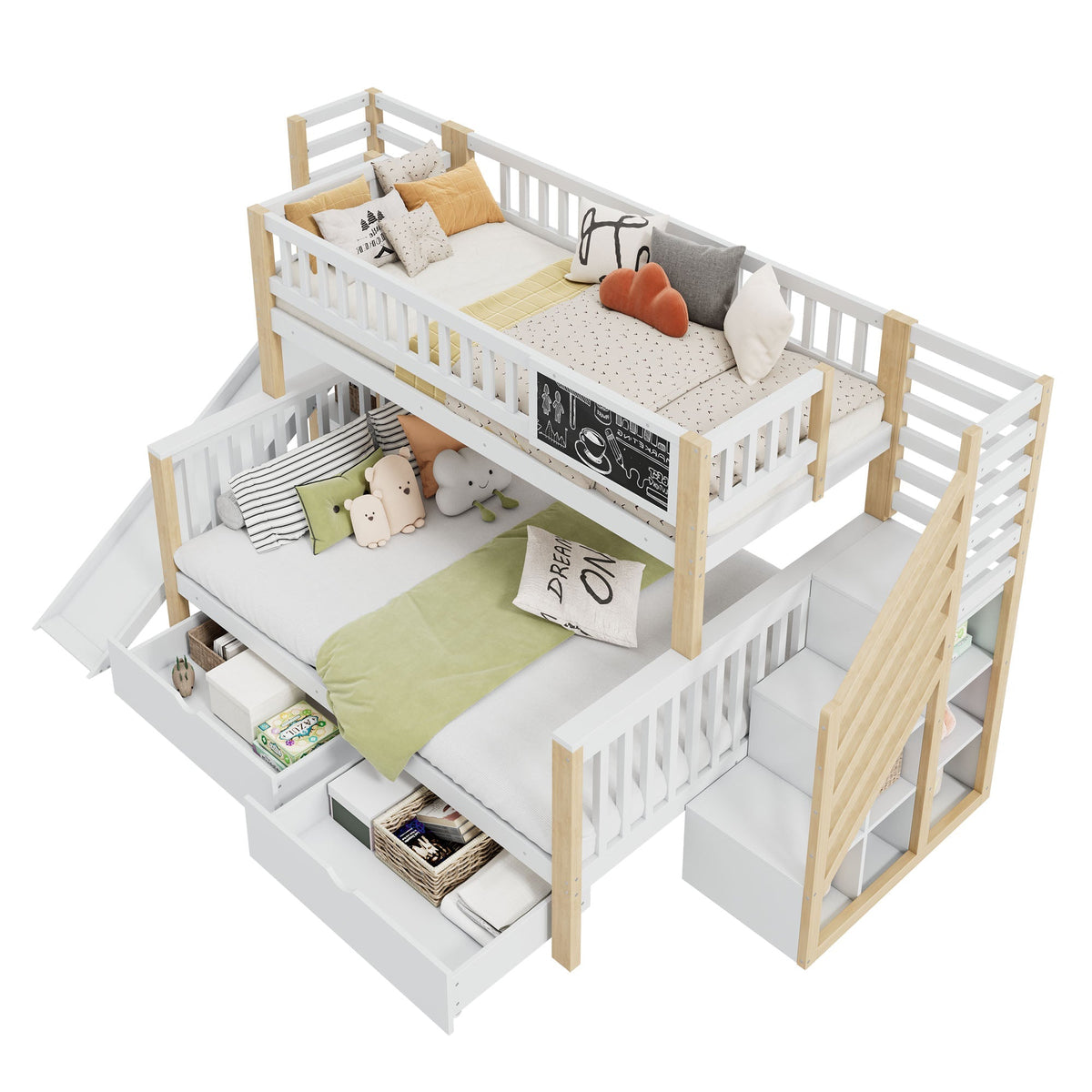 House Bunk Bed, Multifunctional Storage Slide Chalkboard 140x200cm & 90x200cm, White
