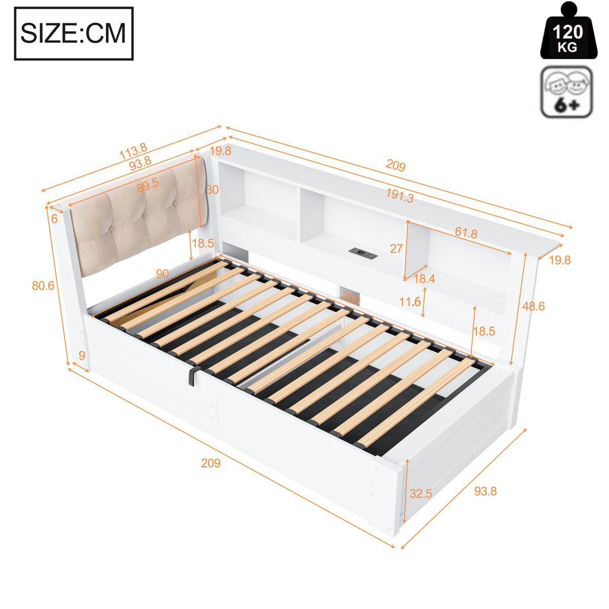 Daybed with Hydraulic Storage 90x200cm Pine Wood White