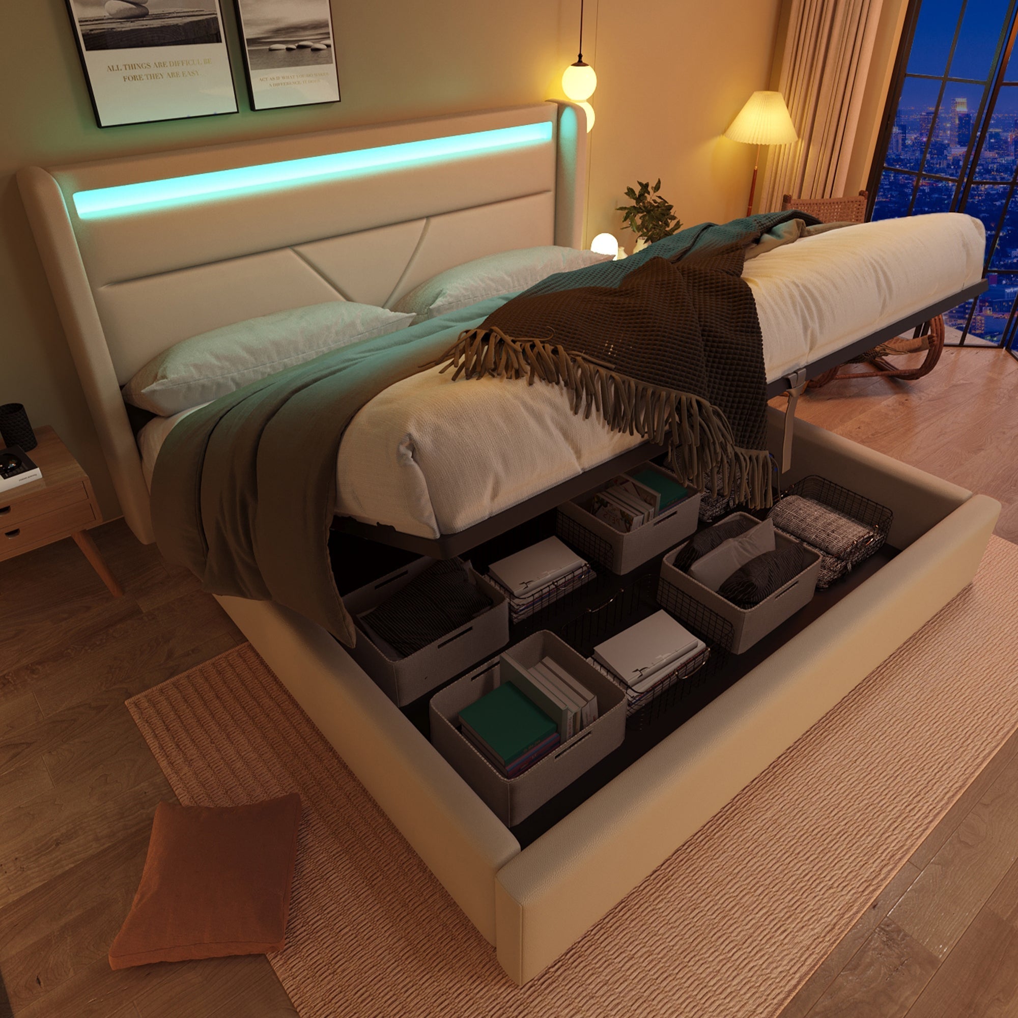 Hydraulic Storage Bed with LED Lighting and Remote Control, 160x200cm, White Upholstered