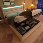 Hydraulic Storage Bed with LED Lighting and Remote Control, 160x200cm, White Upholstered