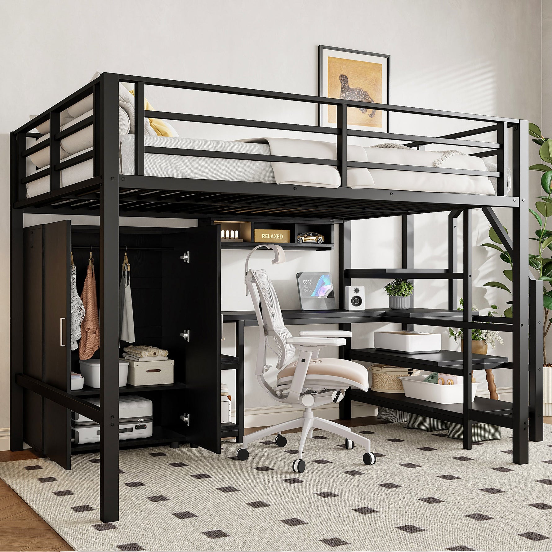 Loft Bed 140x200cm Wardrobe Shelves Storage Ladder Desk, Black