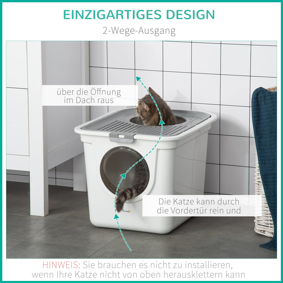 Cat Litter Box Indoor, Lid & Scoop, Grey+White Plastic