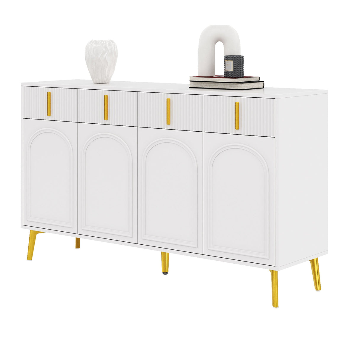 Sideboard, 4 Doors 4 Drawers, Gold Handles Legs, White MDF
